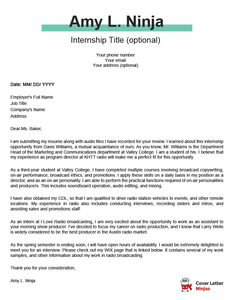 cover letter for an internship examples