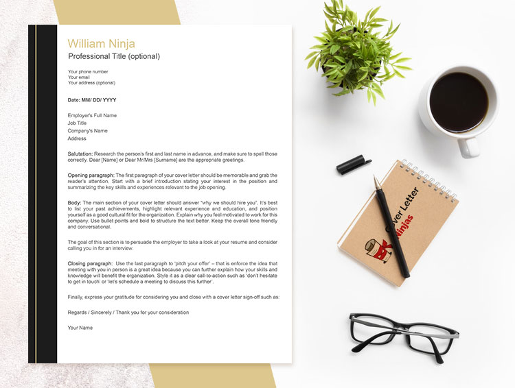 professional cover letter template black gold
