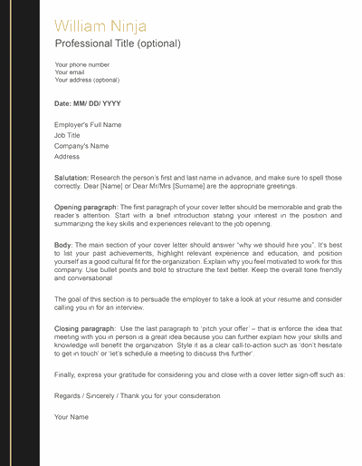 professional cover letter black and gold