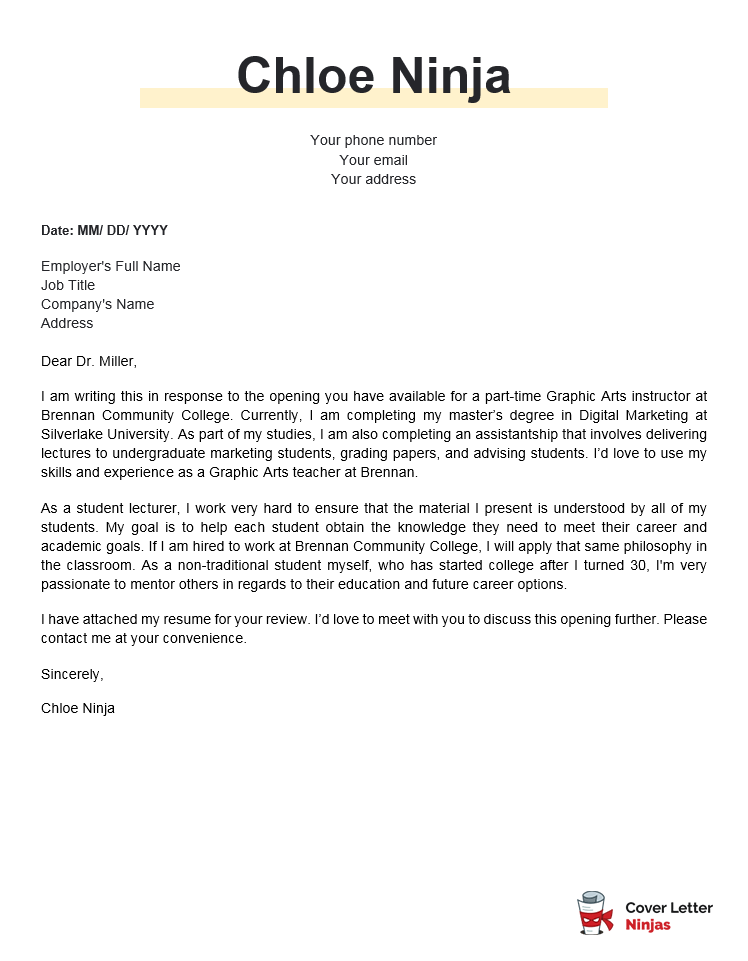 cover letter for college instructor with no experience