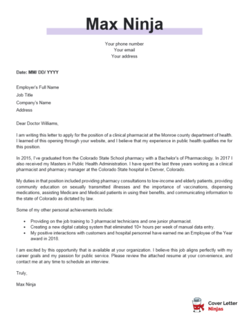A Helpful Cover Letter Example For Pharmacist - Cover Letter Ninjas