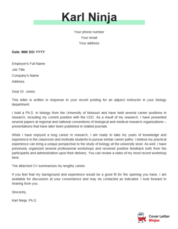 sample of cover letter for lecturer position in university
