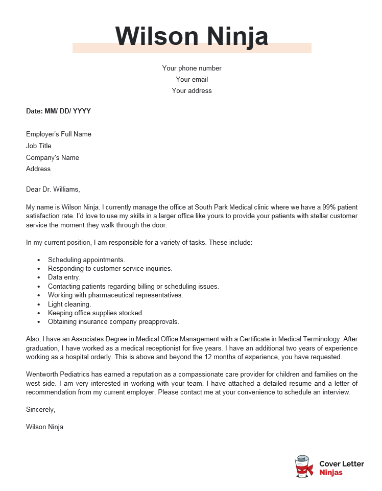 A Compelling Medical Receptionist Cover Letter Example Cover Letter Ninjas