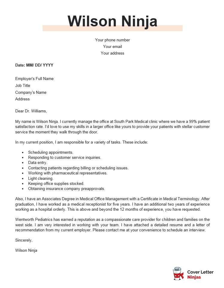 application letter for medical receptionist example