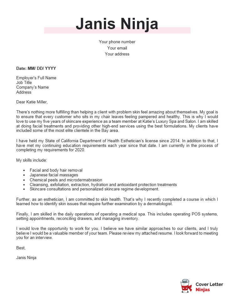 cover letter example for esthetician