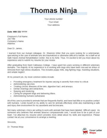 cover letter veterinary nurse