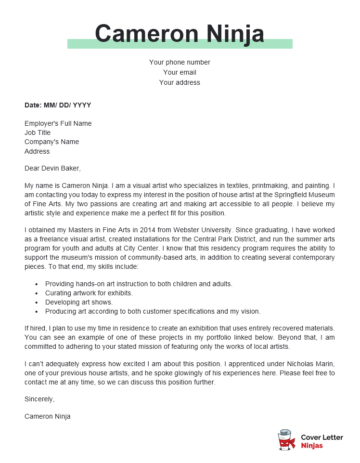 An Attractive Artist Cover Letter Example - Cover Letter Ninjas