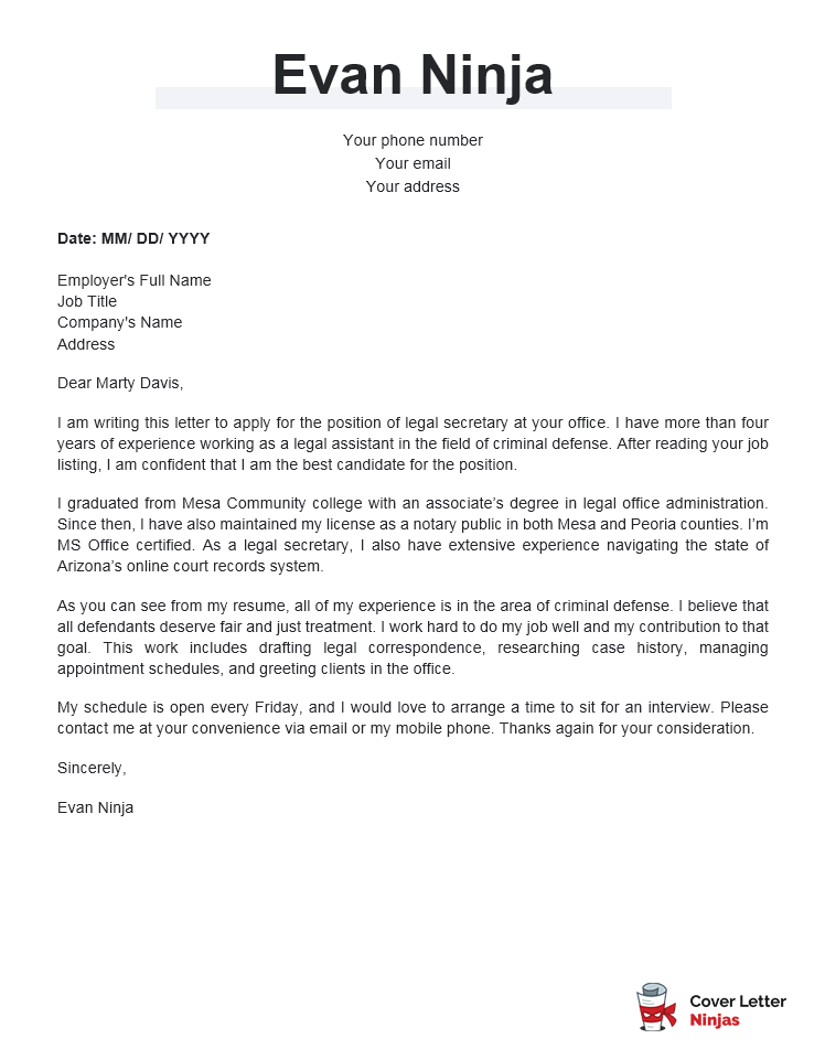 legal secretary cover letter example