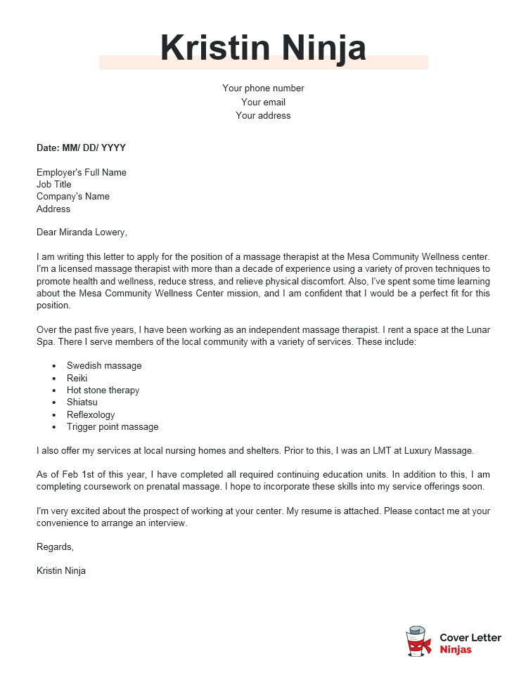 massage therapist cover letter sample for Word