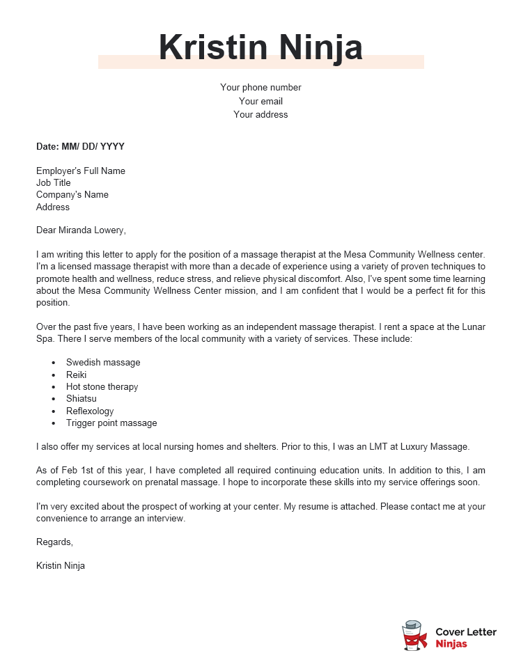 sample cover letter for therapist job