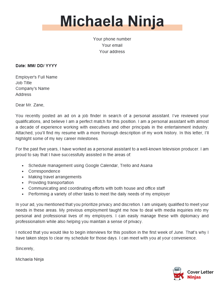 personal assistant cover letter sample