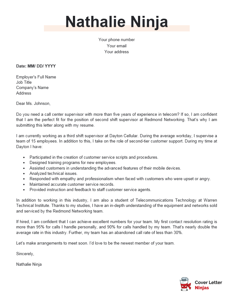 call center cover letter sample for Word