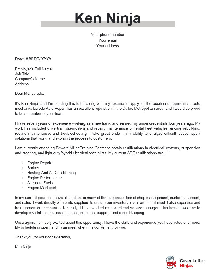 cover letter example for mechanic