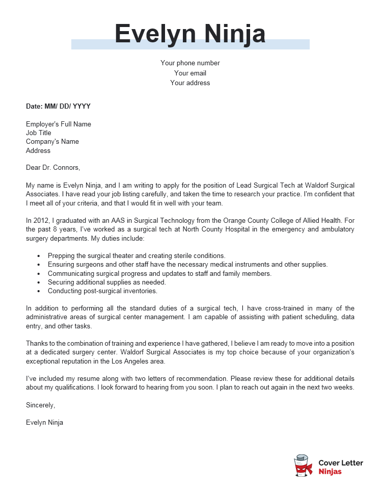 surgical tech cover letter for Word