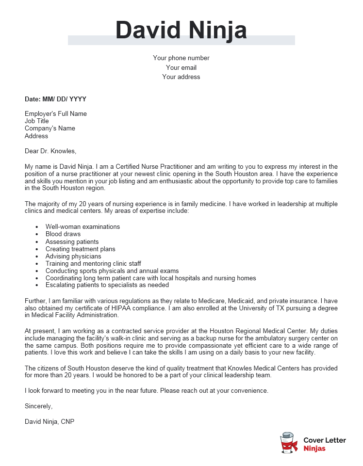 Nurse Practitioner Cover Letter Example Cover Letter Ninjas