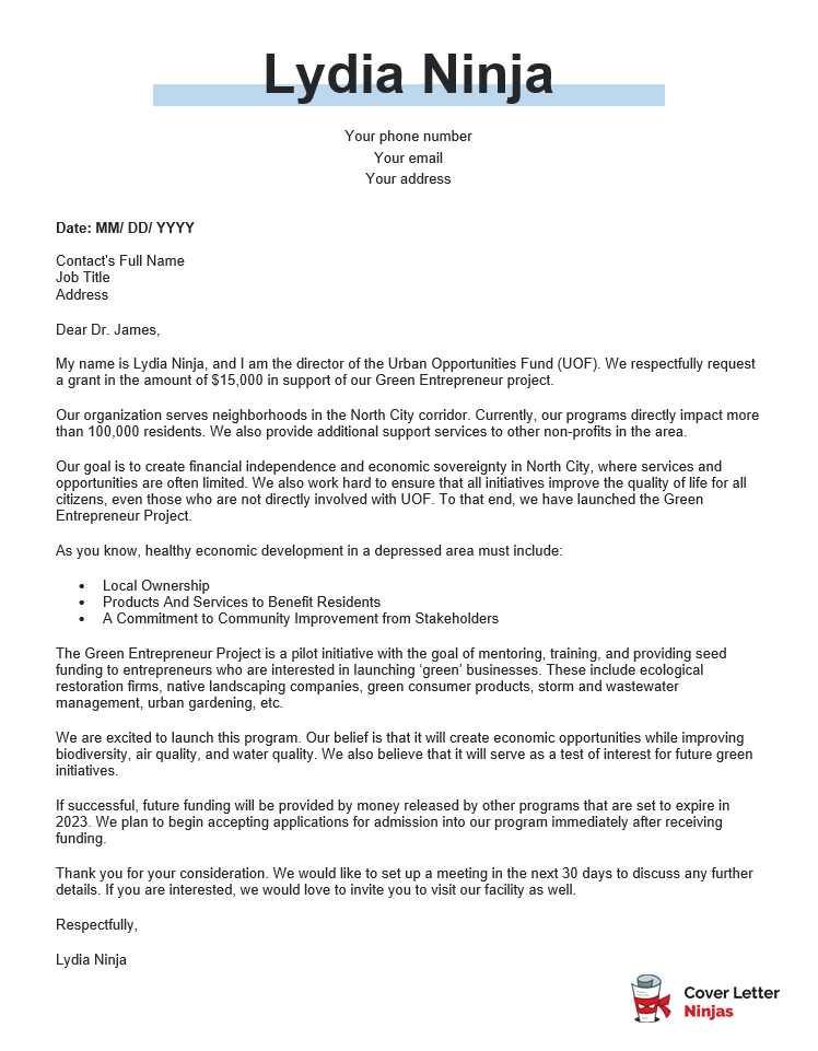 grant proposal cover letter example