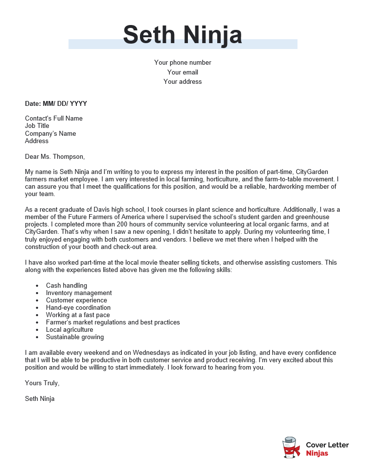 cover letter sample for a part time job