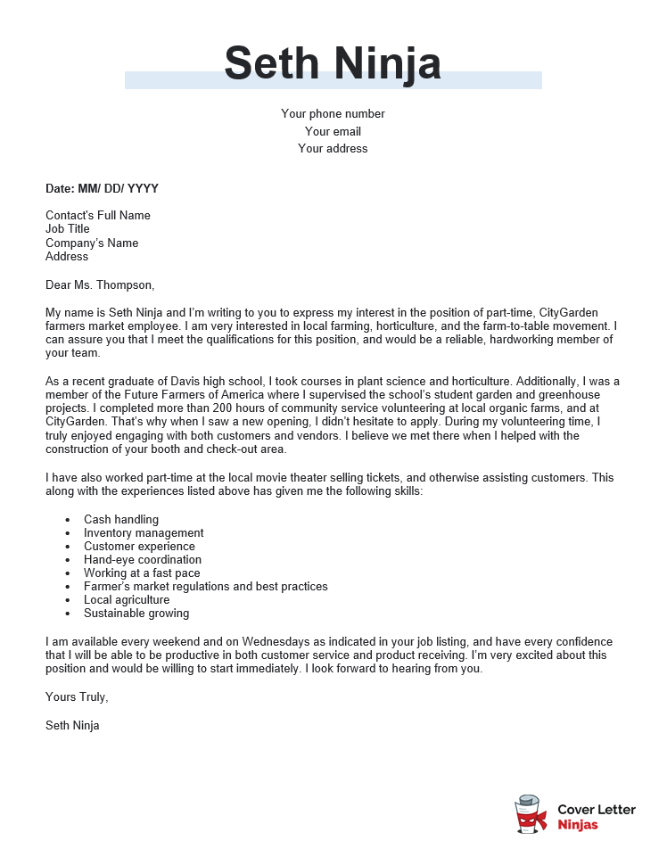 cover letter part time job no experience