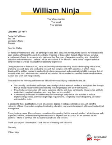 Cover Letter for Clinical Research Coordinator - Cover Letter Ninjas