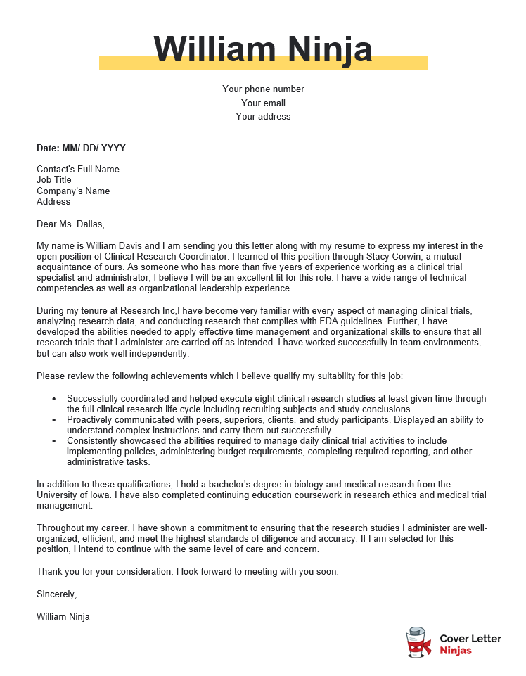 research coordinator cover letter sample