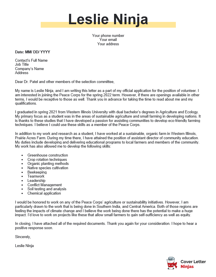 peace corps cover letter example
