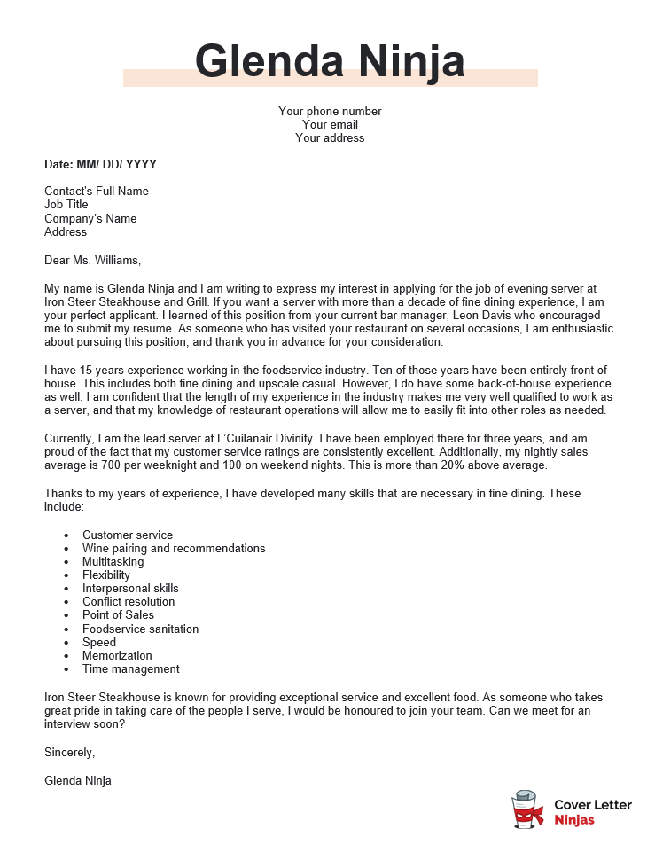 server cover letter sample