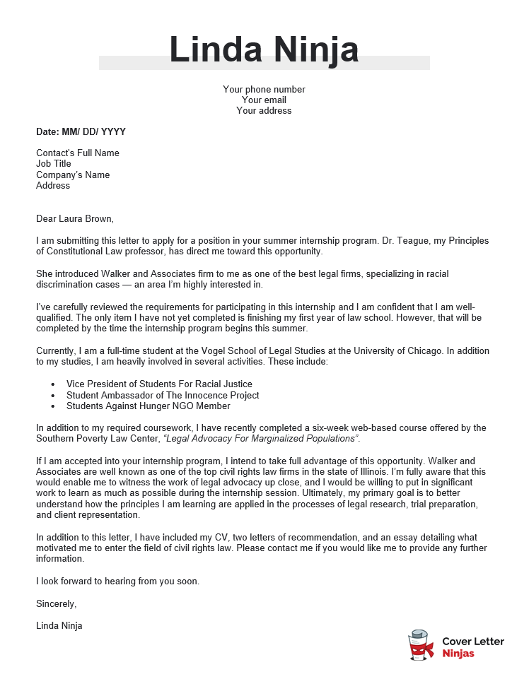 law internship cover letter sample