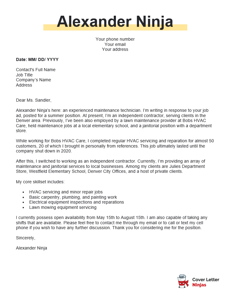 cover letter sample for a summer job